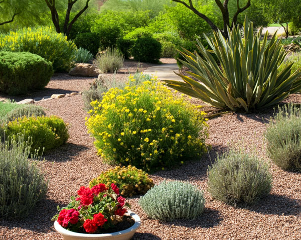 An image of outdoor landscaping with lighting effects and furnishings