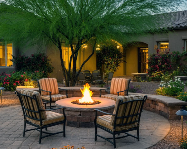 An image of outdoor landscaping with lighting effects and furnishings