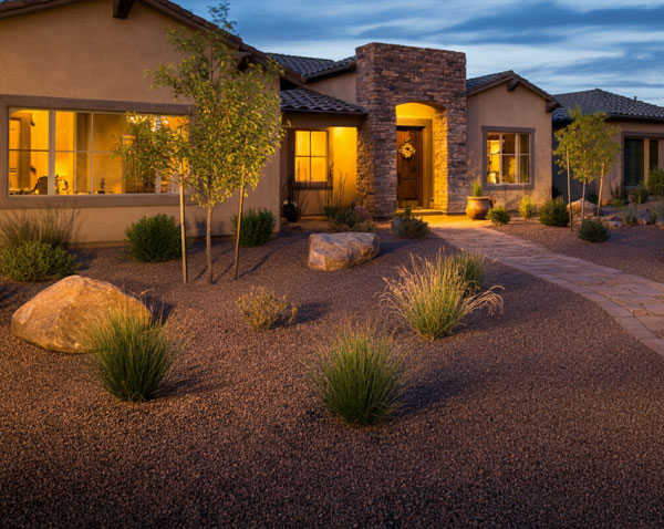 An image of outdoor landscaping with lighting effects and furnishings