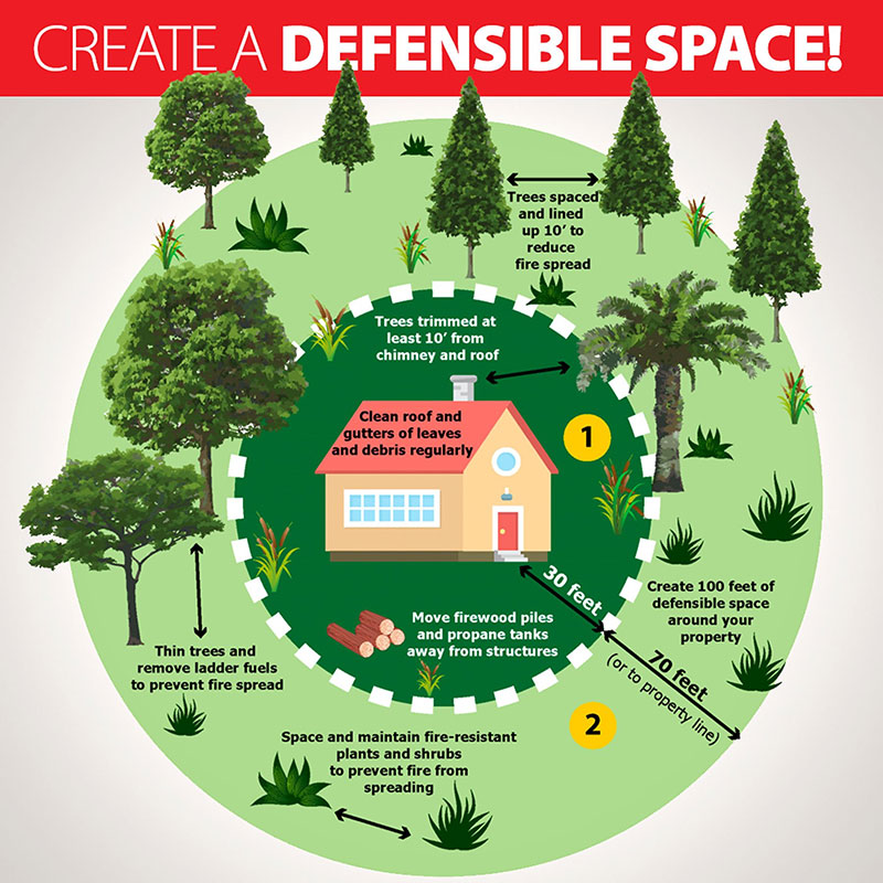 Firewise infographic showing methods of reducing the threat of wildfires